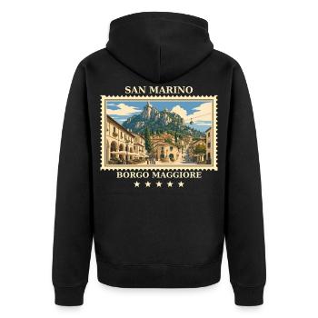 San Marino Borgo Maggiore Vintage Reisemarke - Unisex Premium Bio Zip Hoodie - Schwarz - Hinten - Nico (187cm)