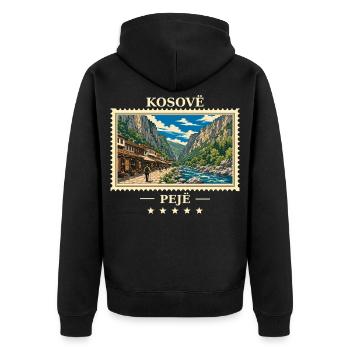Kosovo Peja Vintage Reisemarke - Unisex Premium Bio Zip Hoodie - Schwarz - Hinten - Nico (187cm)