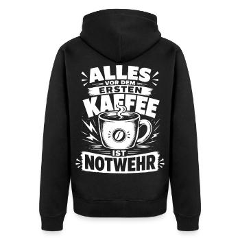 Alles vor dem ersten Kaffee ist Notwehr - Unisex Premium Bio Zip Hoodie - Schwarz - Hinten - Nico (187cm)