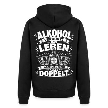 Alkohol verkürzt das Leben - Unisex Premium Bio Zip Hoodie - Schwarz - Hinten - Nico (187cm)