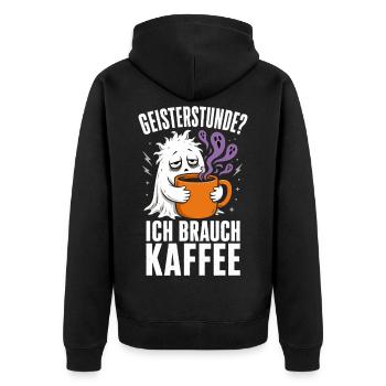 Geisterstunde? Ich brauch Kaffee – Halloween - Unisex Premium Bio Zip Hoodie - Schwarz - Hinten - Nico (187cm)