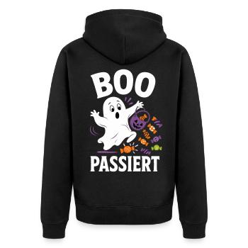 Boo passiert – Halloween-Geist mit Bonbons - Unisex Premium Bio Zip Hoodie - Schwarz - Hinten - Nico (187cm)