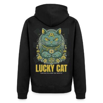 Lucky Cat Glückskatze Maneki Neko Jade - Unisex Premium Bio Zip Hoodie - Schwarz - Hinten - Nico (187cm)