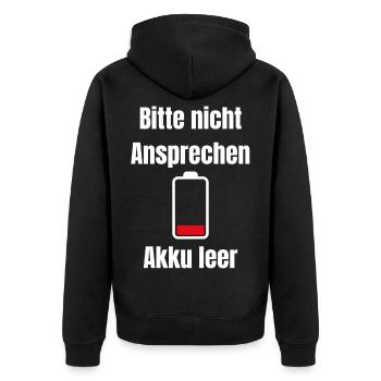 Akku Leer – Bitte Nicht Ansprechen - Unisex Premium Bio Zip Hoodie - Schwarz - Hinten - Nico (187cm)