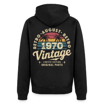 Vintage August 1970 Geburtstag August 1970 Berg - Unisex Premium Bio Zip Hoodie - Schwarz - Hinten - Nico (187cm)