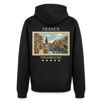 Frankreich Straßburg Vintage Reisemarke - Unisex Premium Bio Zip Hoodie - Schwarz - Hinten - Nico (187cm)