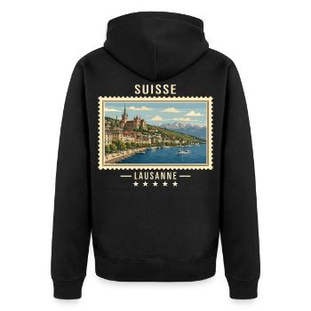 Schweiz Lausanne Vintage Reisemarke - Unisex Premium Bio Zip Hoodie - Schwarz - Hinten - Nico (187cm)