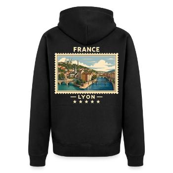 Frankreich Lyon Vintage Reisemarke - Unisex Premium Bio Zip Hoodie - Schwarz - Hinten - Nico (187cm)