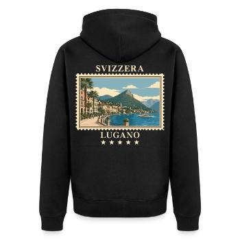 Schweiz Lugano Vintage Reisemarke - Unisex Premium Bio Zip Hoodie - Schwarz - Hinten - Nico (187cm)