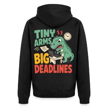 T-Rex mit kleinen Armen im Büro - Unisex Premium Bio Zip Hoodie - Schwarz - Hinten - Nico (187cm)