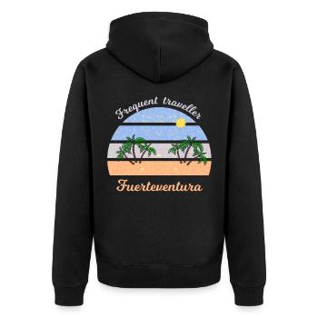 Frequent Traveler Fuerteventura Retro - Unisex Premium Bio Zip Hoodie - Schwarz - Hinten - Nico (187cm)