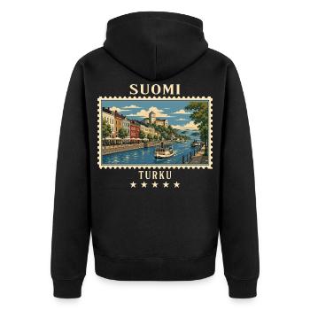 Finnland Turku Vintage Reisemarke - Unisex Premium Bio Zip Hoodie - Schwarz - Hinten - Nico (187cm)