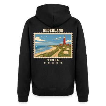 Niederlande Texel Vintage Reisemarke - Unisex Premium Bio Zip Hoodie - Schwarz - Hinten - Nico (187cm)