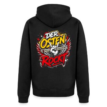 Der Osten rockt – Rock-Flag Design - Unisex Premium Bio Zip Hoodie - Schwarz - Hinten - Nico (187cm)