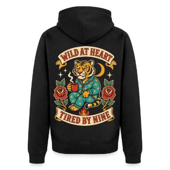 Wild at Heart – Tired until nine - Unisex Premium Organic Zip Hoodie - black - Back - Nico (187cm)