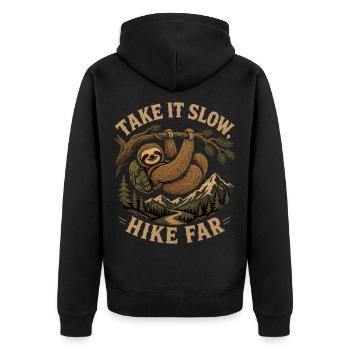 Take It Slow Hike Far Sloth - Unisex Premium Organic Zip Hoodie - black - Back - Nico (187cm)