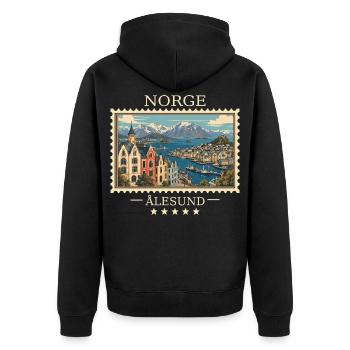 Norwegen Ålesund Vintage Reisemarke - Unisex Premium Bio Zip Hoodie - Schwarz - Hinten - Nico (187cm)