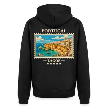 Portugal Lagos Vintage Reisemarke - Unisex Premium Bio Zip Hoodie - Schwarz - Hinten - Nico (187cm)