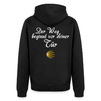 Der Weg beginnt vor deiner Tür | Jakobsweg, Pilger - Unisex Premium Bio Zip Hoodie - Schwarz - Hinten - Nico (187cm)