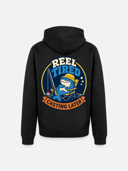 Reel Tired – Fishing Later - Unisex Premium Organic Zip Hoodie - black