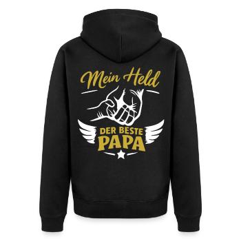 Mein Held Der Beste Papa - Unisex Premium Bio Zip Hoodie - Schwarz - Hinten - Nico (187cm)