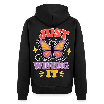 Just Winging It – Funny Butterfly - Unisex Premium Organic Zip Hoodie - black - Back - Nico (187cm)