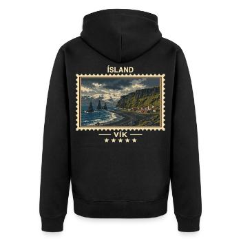 Island Vík Vintage Reisemarke - Unisex Premium Bio Zip Hoodie - Schwarz - Hinten - Nico (187cm)