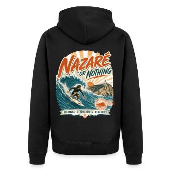 Nazaré Surfen - Unisex Premium Bio Zip Hoodie - Schwarz - Hinten - Nico (187cm)