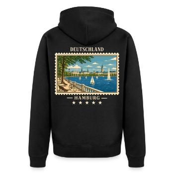 Deutschland Hamburg Vintage Reisemarke - Unisex Premium Bio Zip Hoodie - Schwarz - Hinten - Nico (187cm)