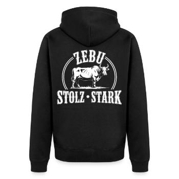 Zebu Stolz Stark Logo - Unisex Premium Bio Zip Hoodie - Schwarz - Hinten - Nico (187cm)