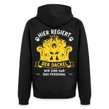 Dackelthron Hier regiert der Dackel - Unisex Premium Bio Zip Hoodie - Schwarz - Hinten - Nico (187cm)