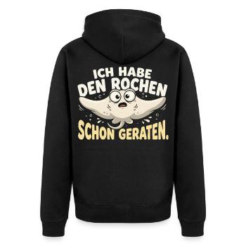 Ich Habe Den Rochen Schon Gebraten - Unisex Premium Bio Zip Hoodie - Schwarz - Hinten - Nico (187cm)