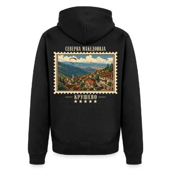 Nordmazedonien Kruševo Vintage Reisemarke - Unisex Premium Bio Zip Hoodie - Schwarz - Hinten - Nico (187cm)