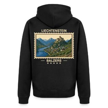 Liechtenstein Balzers Vintage Reisemarke - Unisex Premium Bio Zip Hoodie - Schwarz - Hinten - Nico (187cm)