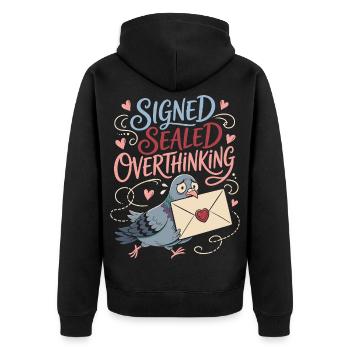 Signed Sealed Overthinking Taube - Unisex Premium Bio Zip Hoodie - Schwarz - Hinten - Nico (187cm)