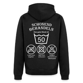 Die Wäsche bitte schonend behandeln 50 Geburtstag - Unisex Premium Bio Zip Hoodie - Schwarz - Hinten - Nico (187cm)