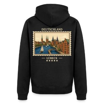 Deutschland Lübeck Vintage Reisemarke - Unisex Premium Bio Zip Hoodie - Schwarz - Hinten - Nico (187cm)