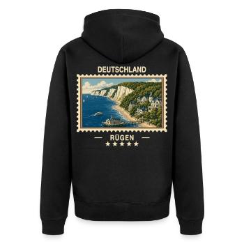 Deutschland Rügen Vintage Reisemarke - Unisex Premium Bio Zip Hoodie - Schwarz - Hinten - Nico (187cm)
