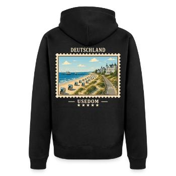 Deutschland Usedom Vintage Reisemarke - Unisex Premium Bio Zip Hoodie - Schwarz - Hinten - Nico (187cm)