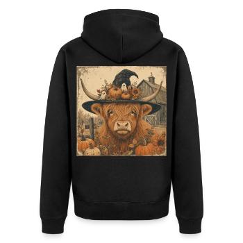 Schottisches Rind Halloween Hoodie Vintage Cow - Unisex Premium Bio Zip Hoodie - Schwarz - Hinten - Nico (187cm)