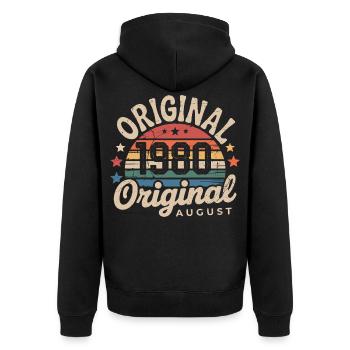 Original August 1980 Vintage Jubiläum, 1980er Jahre - Unisex Premium Bio Zip Hoodie - Schwarz - Hinten - Nico (187cm)