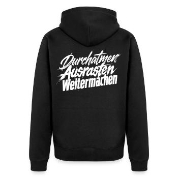 Ausrasten Weiter - Unisex Premium Bio Zip Hoodie - Schwarz - Hinten - Nico (187cm)