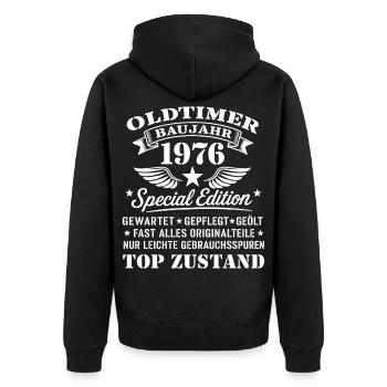 Geschenk zum 50. Geburtstag Oldtimer Baujahr 1976 - Unisex Premium Bio Zip Hoodie - Schwarz - Hinten - Nico (187cm)