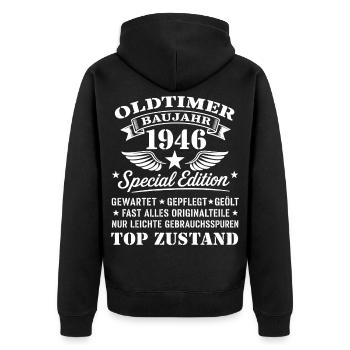 Geschenk zum 80. Geburtstag Oldtimer 1946 - Unisex Premium Bio Zip Hoodie - Schwarz - Hinten - Nico (187cm)