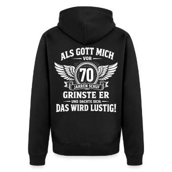 Lustiges Geschenk zum 70. Geburtstag - Unisex Premium Bio Zip Hoodie - Schwarz - Hinten - Nico (187cm)