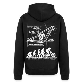 MTB Evolution Blueprint: Full Suspension Rahmen - Unisex Premium Bio Zip Hoodie - Schwarz - Hinten - Nico (187cm)
