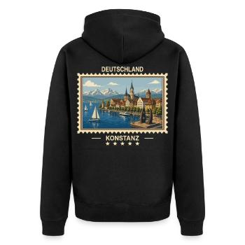 Deutschland Konstanz Vintage Reisemarke - Unisex Premium Bio Zip Hoodie - Schwarz - Hinten - Nico (187cm)
