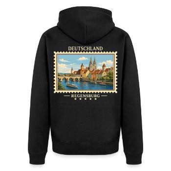 Deutschland Regensburg Vintage Reisemarke - Unisex Premium Bio Zip Hoodie - Schwarz - Hinten - Nico (187cm)