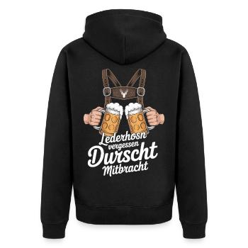 Lederhosn vergessen – Durscht Mitbracht - Unisex Premium Bio Zip Hoodie - Schwarz - Hinten - Nico (187cm)