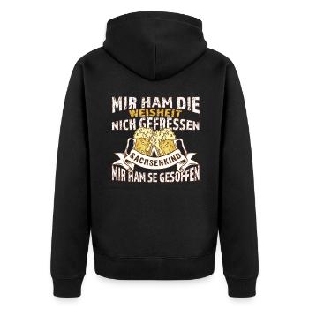Sachsenkind – Mir ham die Weisheit gesoffen - Unisex Premium Bio Zip Hoodie - Schwarz - Hinten - Nico (187cm)